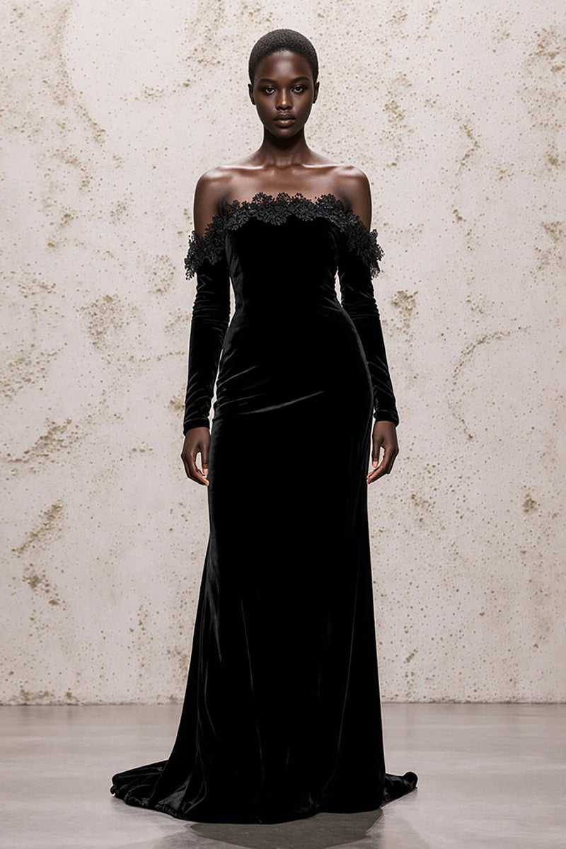 Load image into Gallery viewer, Black Off the Shoulder Velvet Long Sleeves Sheath Holiday Party Dress with Lace