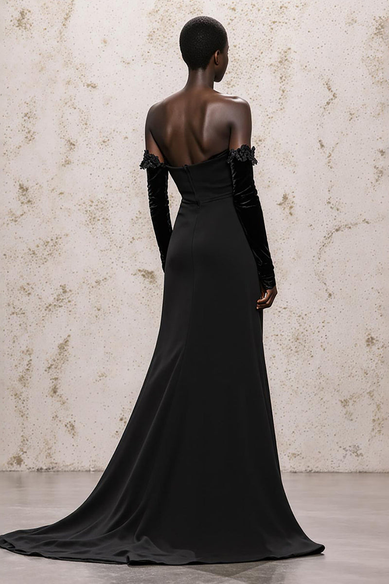 Load image into Gallery viewer, Black Off the Shoulder Velvet Long Sleeves Sheath Holiday Party Dress with Lace