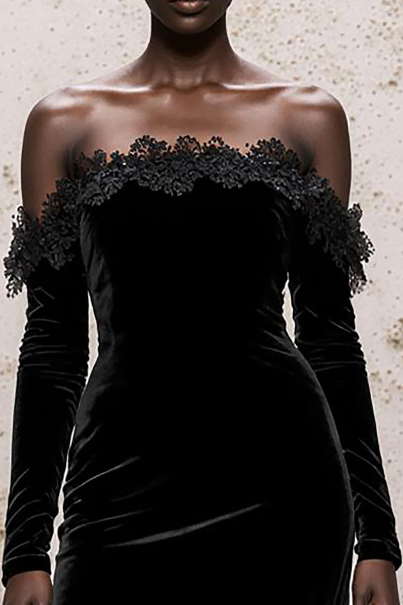 Load image into Gallery viewer, Black Off the Shoulder Velvet Long Sleeves Sheath Holiday Party Dress with Lace