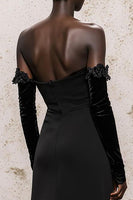 Load image into Gallery viewer, Black Off the Shoulder Velvet Long Sleeves Sheath Holiday Party Dress with Lace
