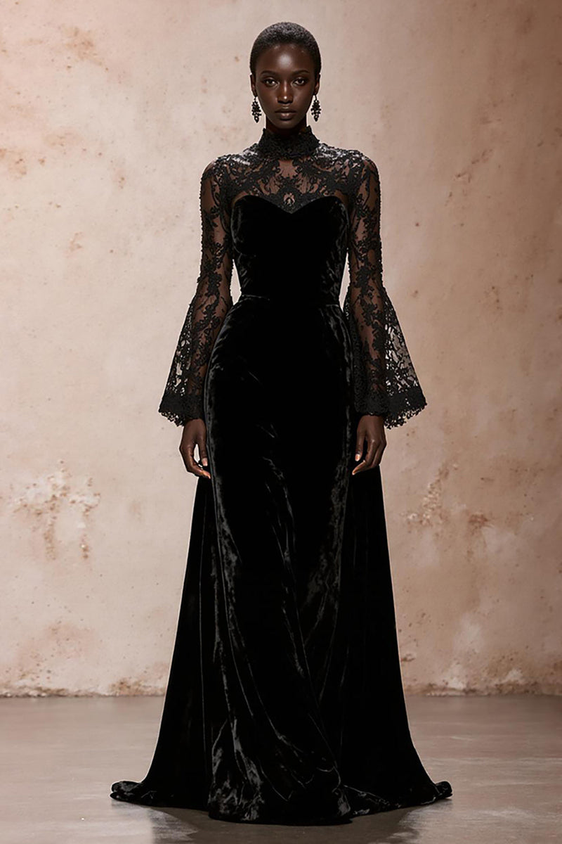 Load image into Gallery viewer, Black Sheath High Neck Velvet Long Sleeves Holiday Party Dress with Lace