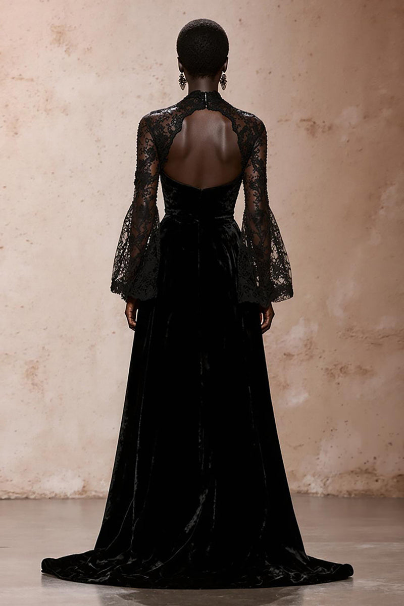 Load image into Gallery viewer, Black Sheath High Neck Velvet Long Sleeves Holiday Party Dress with Lace