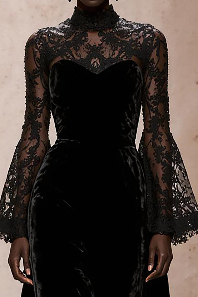 Load image into Gallery viewer, Black Sheath High Neck Velvet Long Sleeves Holiday Party Dress with Lace