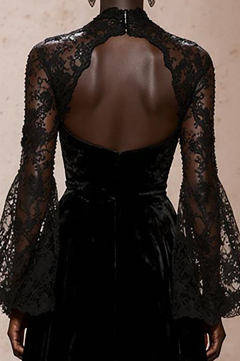 Load image into Gallery viewer, Black Sheath High Neck Velvet Long Sleeves Holiday Party Dress with Lace