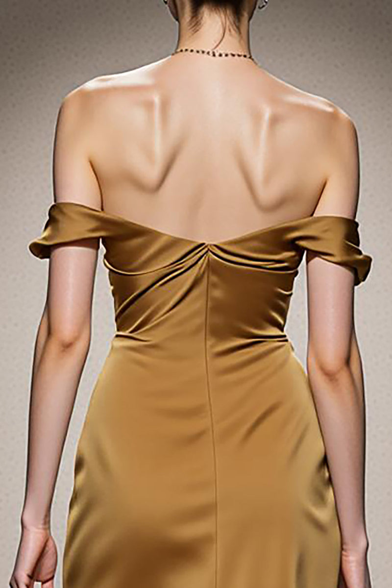 Load image into Gallery viewer, Yellow Satin Off the Shoulder Mermaid Ruched Long Formal Dress