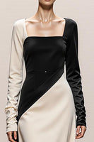 Load image into Gallery viewer, Black and White Sheath Satin Square Neck Long Sleeves Formal Dress