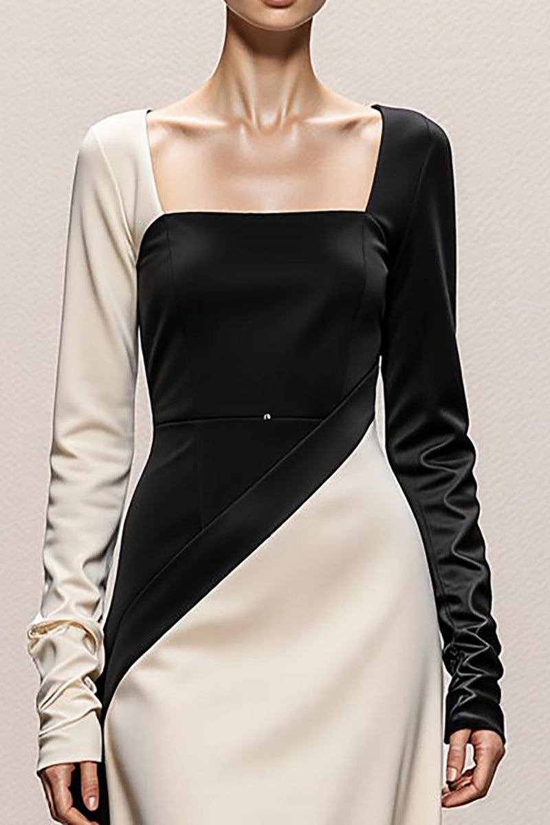 Load image into Gallery viewer, Black and White Sheath Satin Square Neck Long Sleeves Formal Dress