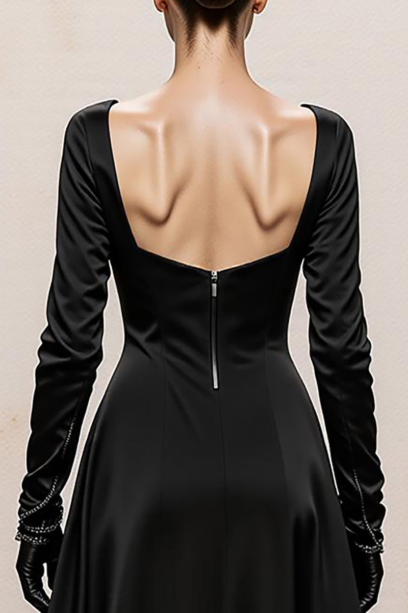 Load image into Gallery viewer, Black and White Sheath Satin Square Neck Long Sleeves Formal Dress