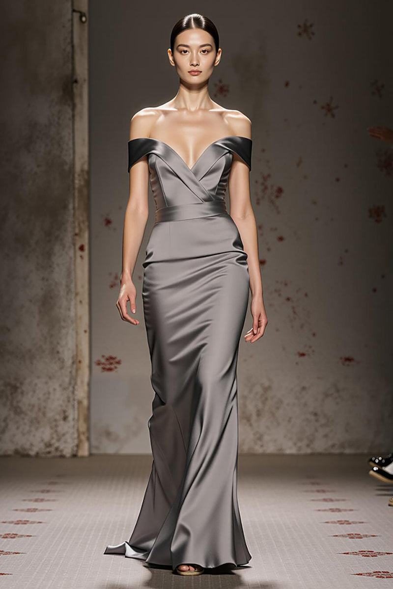 Load image into Gallery viewer, Silver Mermaid Off the Shoulder Satin Long Formal Dress