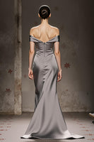 Load image into Gallery viewer, Silver Mermaid Off the Shoulder Satin Long Formal Dress