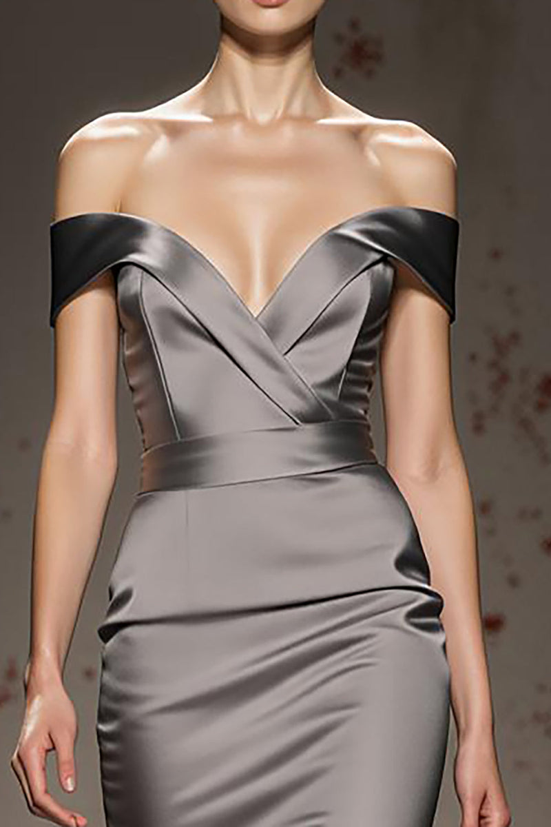 Load image into Gallery viewer, Silver Mermaid Off the Shoulder Satin Long Formal Dress