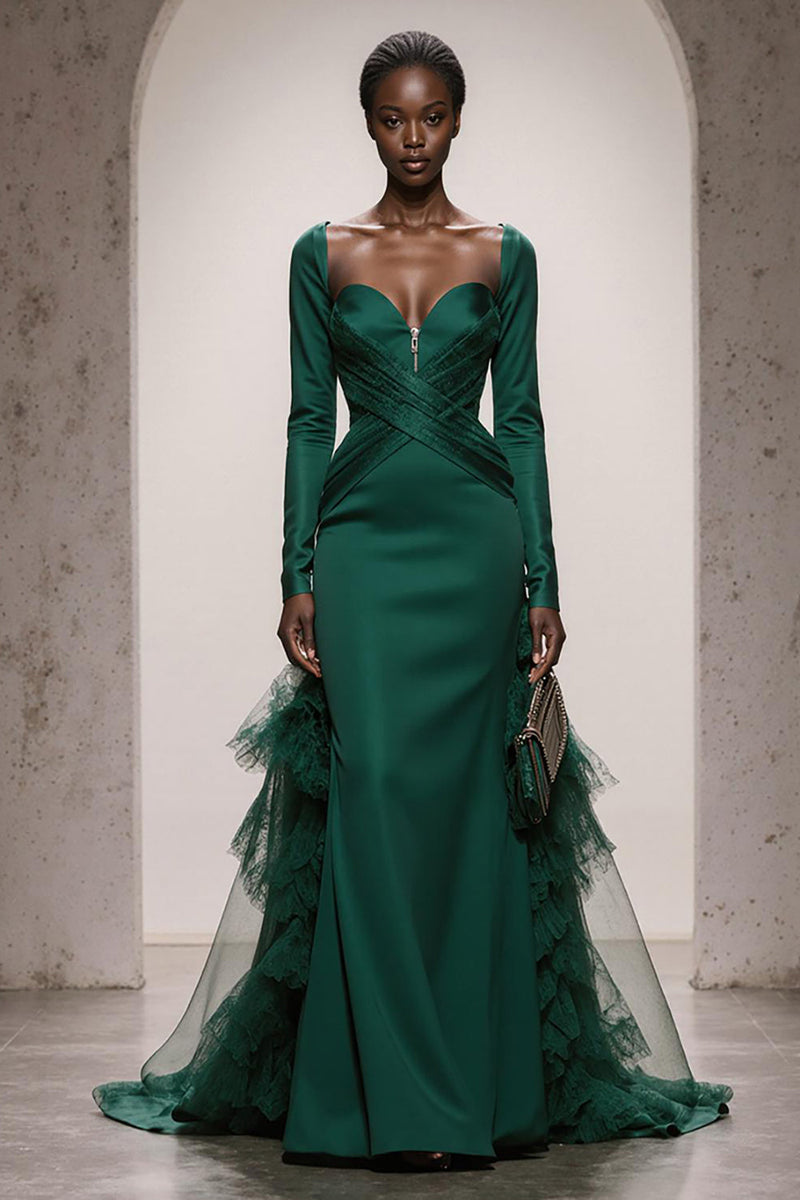 Load image into Gallery viewer, Dark Green Satin Sweetheart Mermaid Long Sleeves Formal Dress with Ruffles