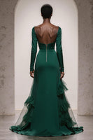 Load image into Gallery viewer, Dark Green Satin Sweetheart Mermaid Long Sleeves Formal Dress with Ruffles