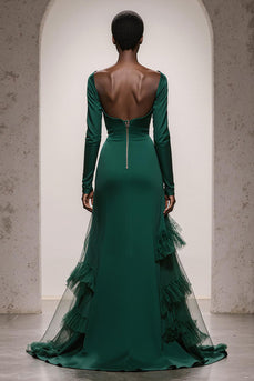 Dark Green Satin Sweetheart Mermaid Long Sleeves Formal Dress with Ruffles