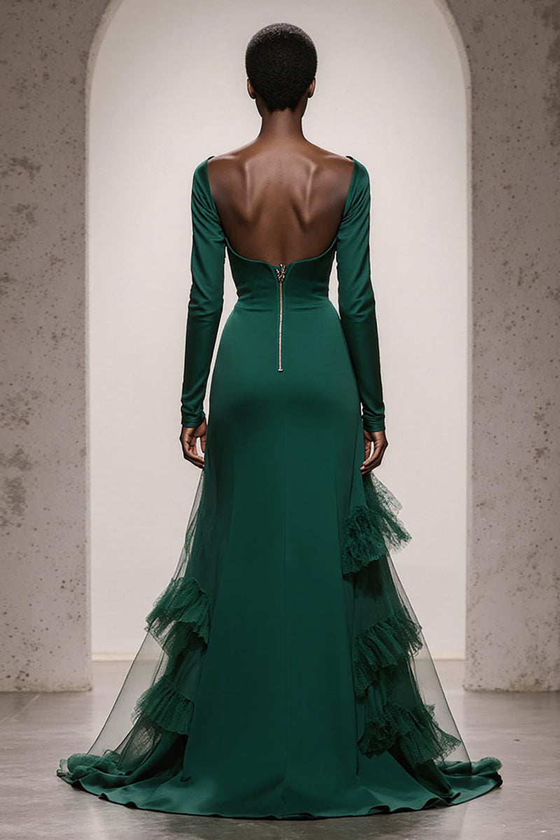 Load image into Gallery viewer, Dark Green Satin Sweetheart Mermaid Long Sleeves Formal Dress with Ruffles