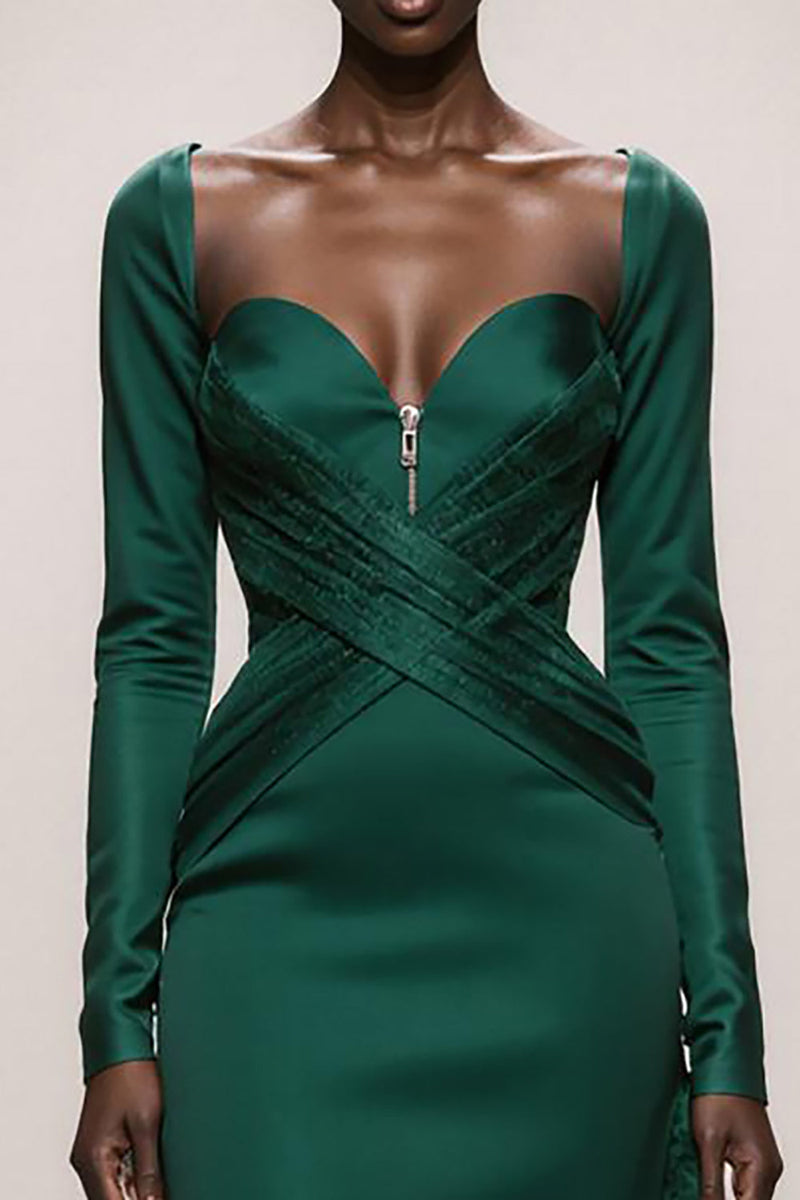 Load image into Gallery viewer, Dark Green Satin Sweetheart Mermaid Long Sleeves Formal Dress with Ruffles