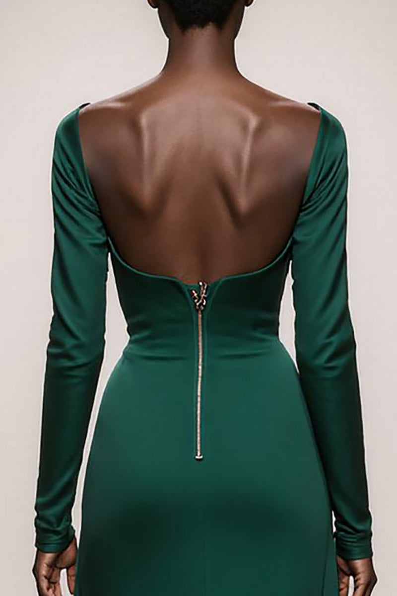 Load image into Gallery viewer, Dark Green Satin Sweetheart Mermaid Long Sleeves Formal Dress with Ruffles