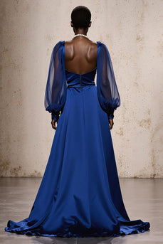 Royal Blue Mermaid Ruched Satin Long Sleeves Formal Dress with Sash