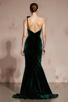 Load image into Gallery viewer, Dark Green Mermaid Velvet One Shoulder Maxi Holiday Party Dress with 3D Flower
