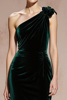 Load image into Gallery viewer, Dark Green Mermaid Velvet One Shoulder Maxi Holiday Party Dress with 3D Flower