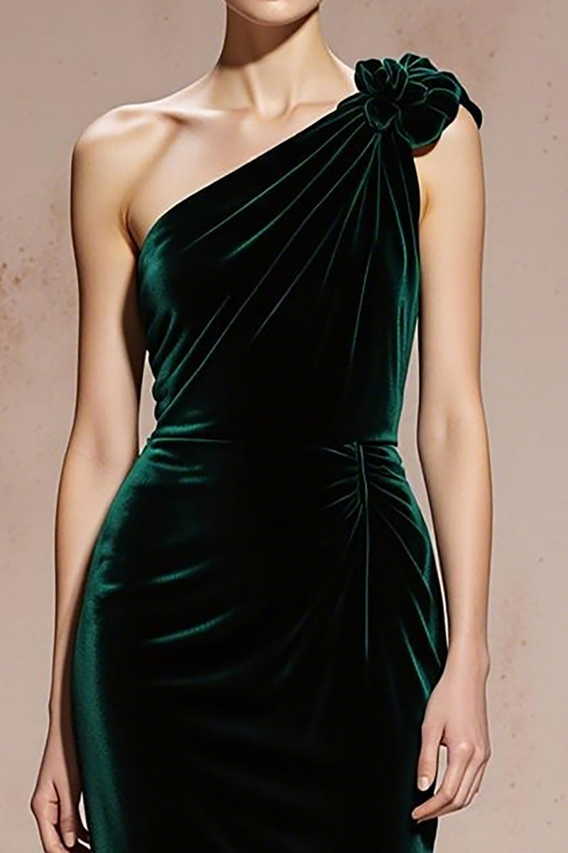 Load image into Gallery viewer, Dark Green Mermaid Velvet One Shoulder Maxi Holiday Party Dress with 3D Flower