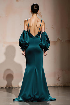 Peacock Blue Satin Spaghetti Straps Mermaid Long Formal Dress with Sleeves