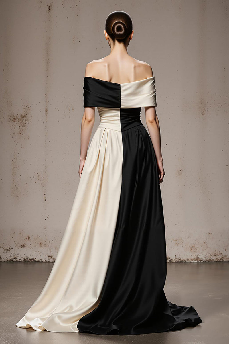 Load image into Gallery viewer, Black and White A Line Off the Shoulder Satin Patchwork Long Formal Dress