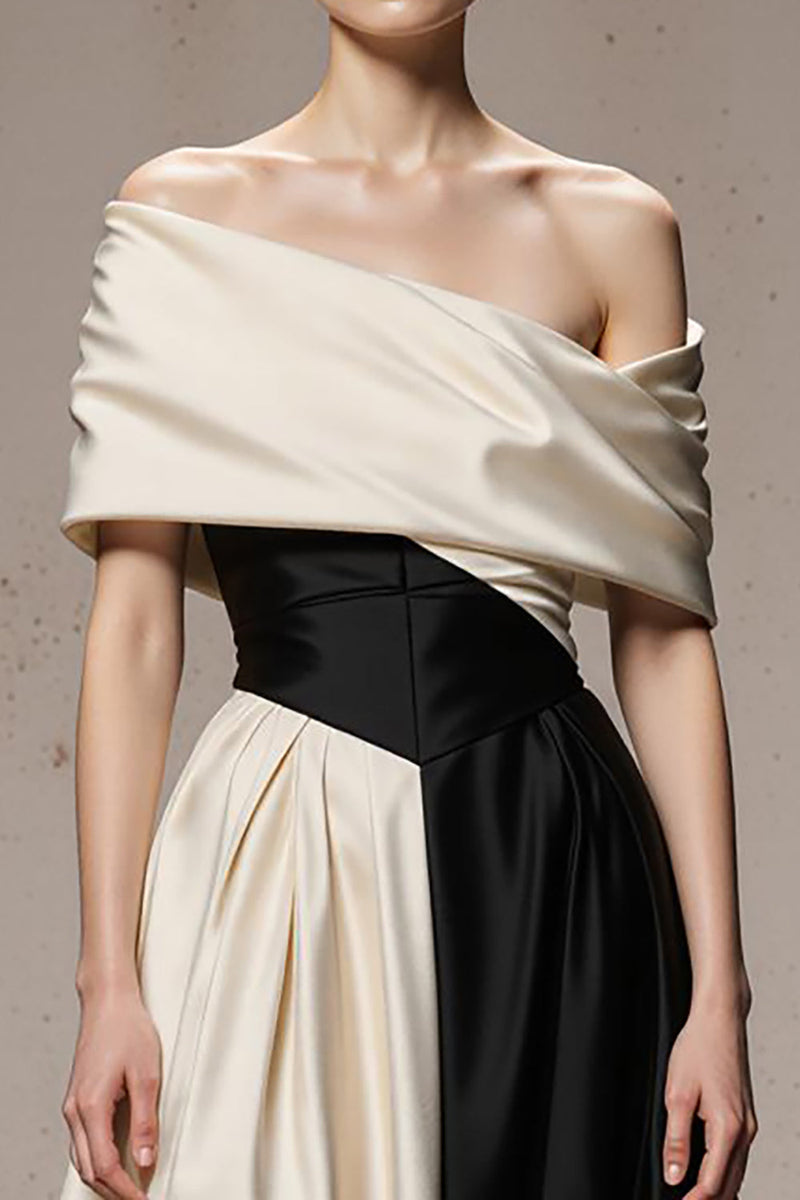 Load image into Gallery viewer, Black and White A Line Off the Shoulder Satin Patchwork Long Formal Dress