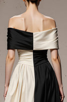 Load image into Gallery viewer, Black and White A Line Off the Shoulder Satin Patchwork Long Formal Dress