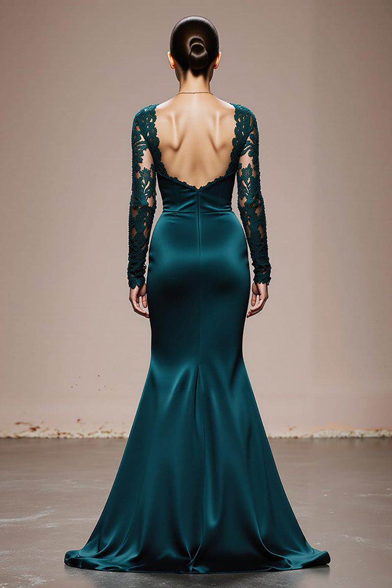 Load image into Gallery viewer, Peacock Blue Satin Square Neck Mermaid Lace Long Sleeves Formal Dress