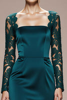 Load image into Gallery viewer, Peacock Blue Satin Square Neck Mermaid Lace Long Sleeves Formal Dress