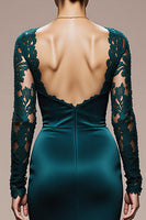 Load image into Gallery viewer, Peacock Blue Satin Square Neck Mermaid Lace Long Sleeves Formal Dress