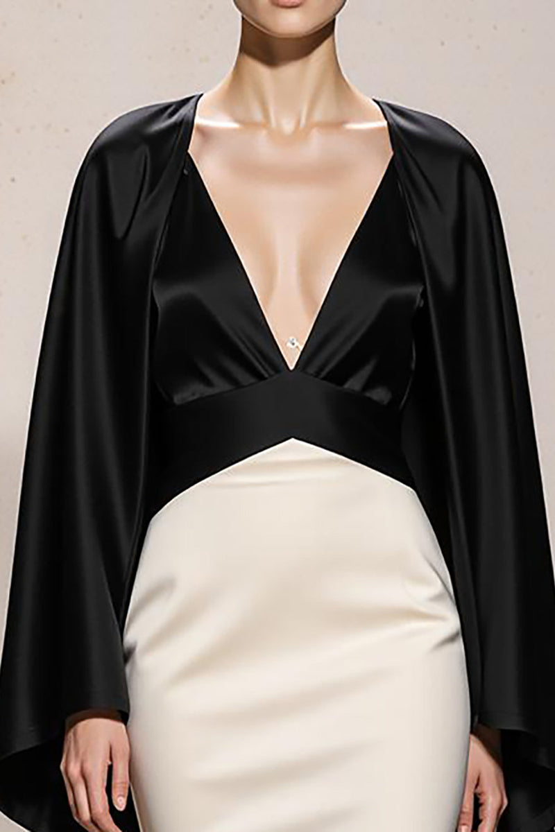 Load image into Gallery viewer, Black and White Patchwork Mermaid Satin V-Neck Long Formal Dress with Sleeves