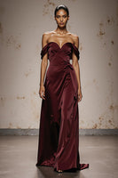 Load image into Gallery viewer, Burgundy Sheath Off the Shoulder Satin Sweetheart Long Formal Dress