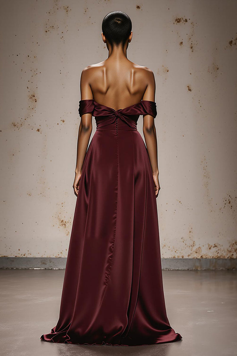 Load image into Gallery viewer, Burgundy Sheath Off the Shoulder Satin Sweetheart Long Formal Dress