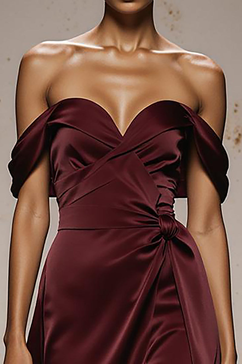 Load image into Gallery viewer, Burgundy Sheath Off the Shoulder Satin Sweetheart Long Formal Dress