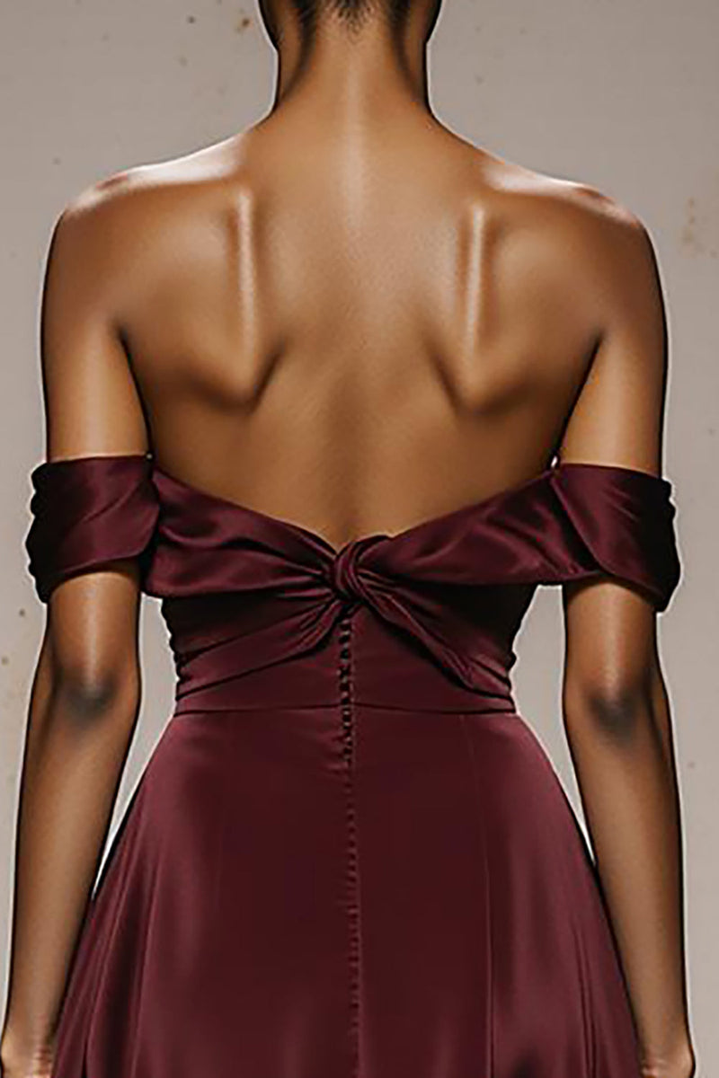 Load image into Gallery viewer, Burgundy Sheath Off the Shoulder Satin Sweetheart Long Formal Dress