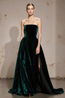 Load image into Gallery viewer, Dark Green Strapless Velvet A Line Long Holiday Party Dress with Slit