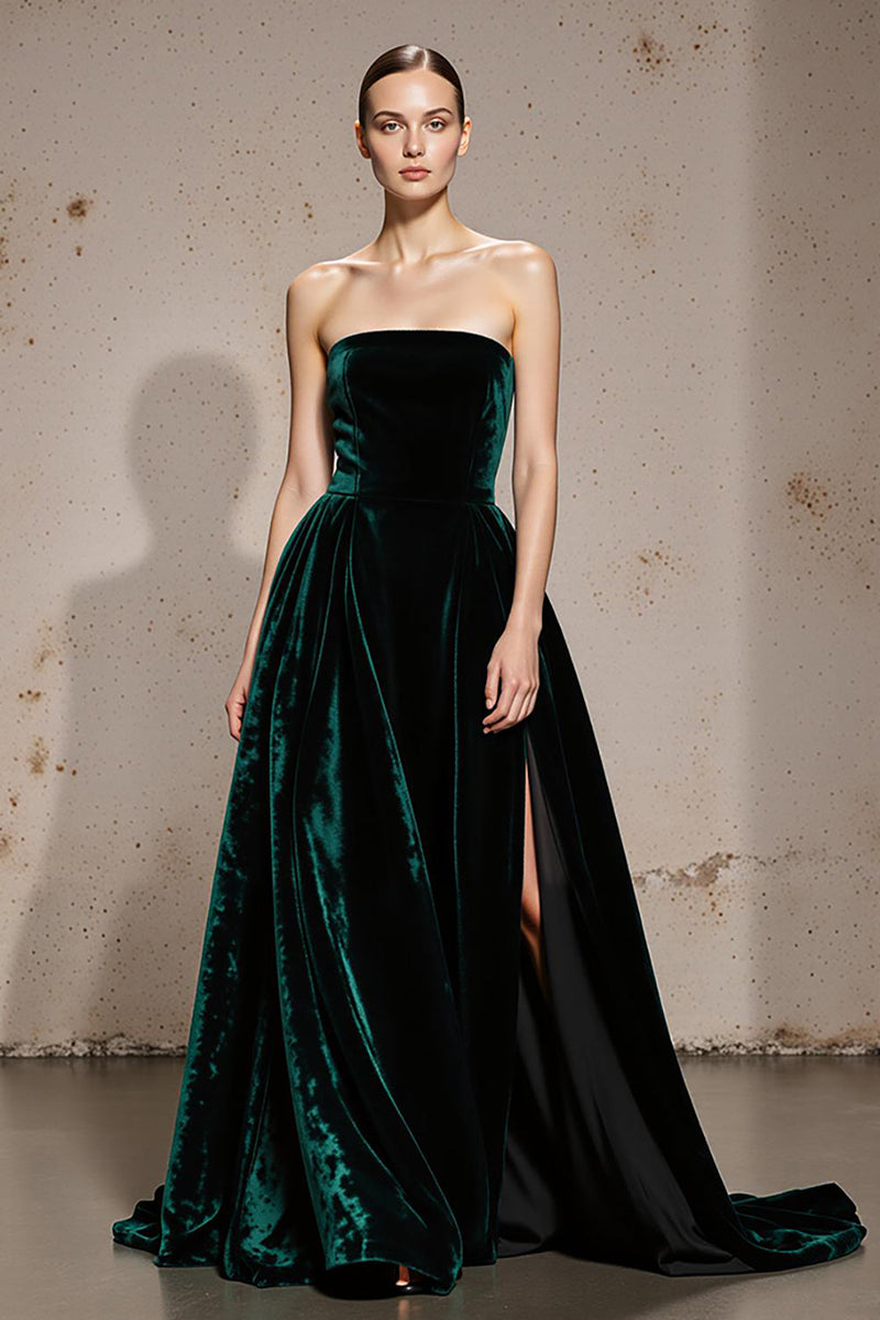 Load image into Gallery viewer, Dark Green Strapless Velvet A Line Long Holiday Party Dress with Slit