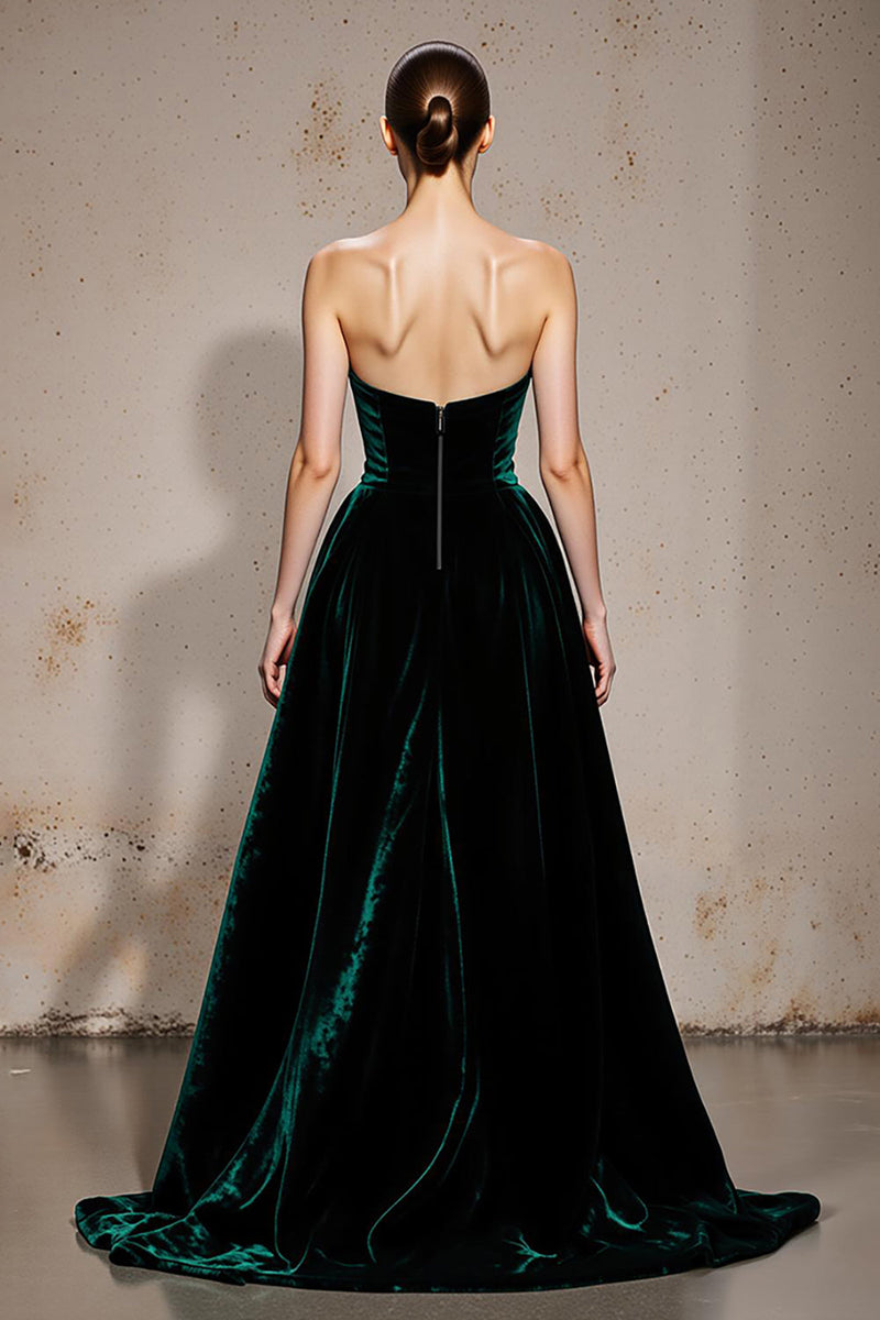Load image into Gallery viewer, Dark Green Strapless Velvet A Line Long Holiday Party Dress with Slit