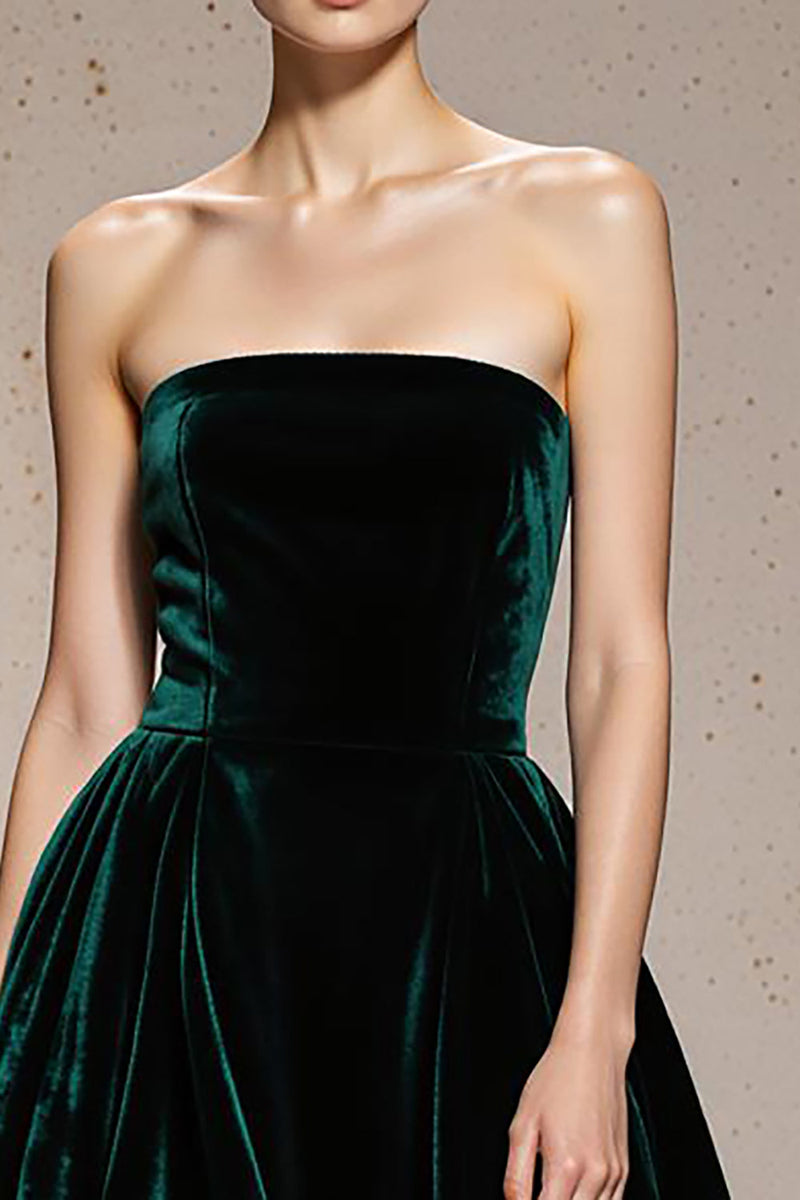 Load image into Gallery viewer, Dark Green Strapless Velvet A Line Long Holiday Party Dress with Slit