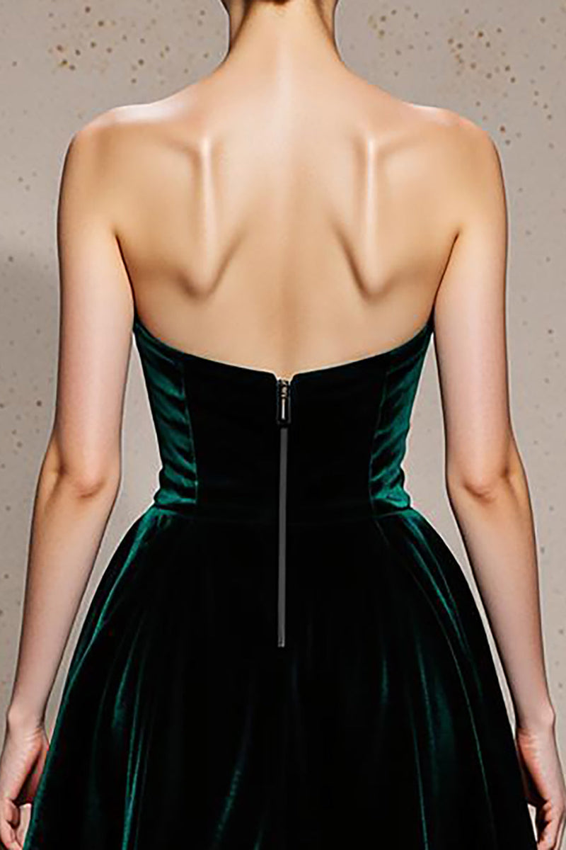 Load image into Gallery viewer, Dark Green Strapless Velvet A Line Long Holiday Party Dress with Slit
