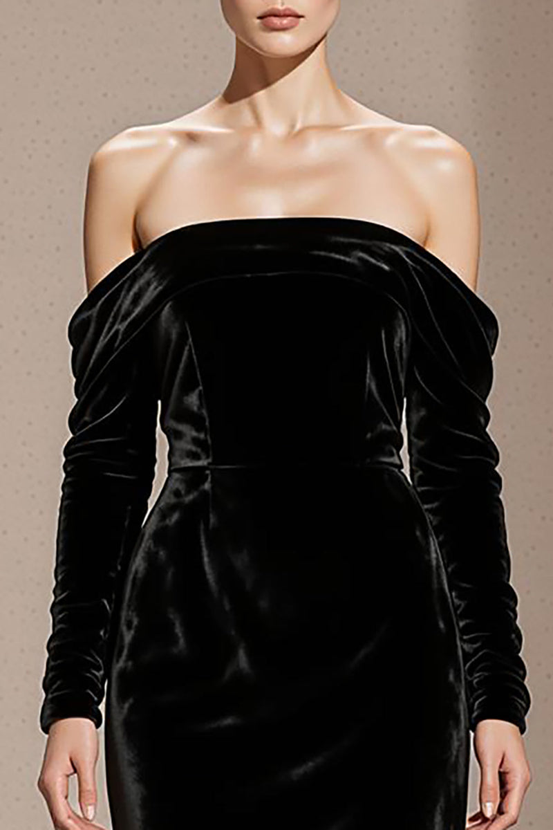 Load image into Gallery viewer, Black Velvet Off the Shoulder Backless Mermaid Long Sleeves Holiday Party Dress