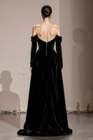 Load image into Gallery viewer, Black Sheath Velvet Off the Shoulder Long Sleeves Holiday Party Dress with Slit
