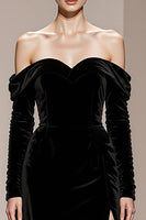 Load image into Gallery viewer, Black Sheath Velvet Off the Shoulder Long Sleeves Holiday Party Dress with Slit