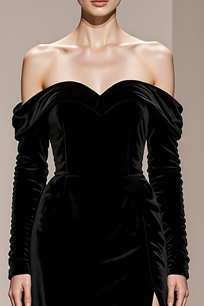 Load image into Gallery viewer, Black Sheath Velvet Off the Shoulder Long Sleeves Holiday Party Dress with Slit