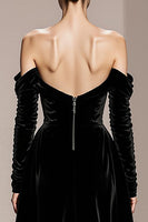 Load image into Gallery viewer, Black Sheath Velvet Off the Shoulder Long Sleeves Holiday Party Dress with Slit