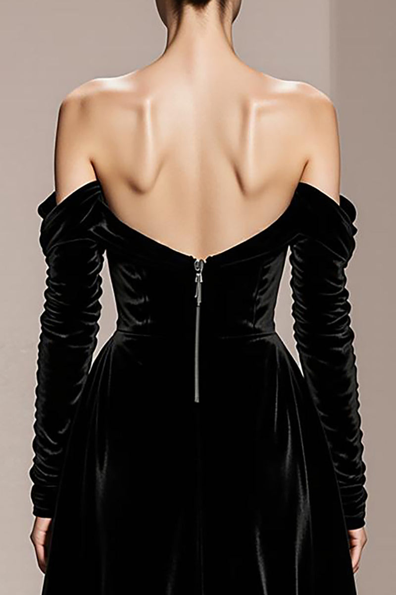 Load image into Gallery viewer, Black Sheath Velvet Off the Shoulder Long Sleeves Holiday Party Dress with Slit
