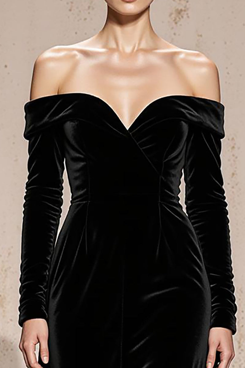 Load image into Gallery viewer, Black Sheath Off the Shoulder Velvet Long Sleeves Holiday Party Dress
