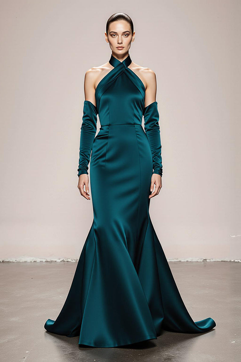 Load image into Gallery viewer, Peacock Green Satin Halter Mermaid Long Formal Dress